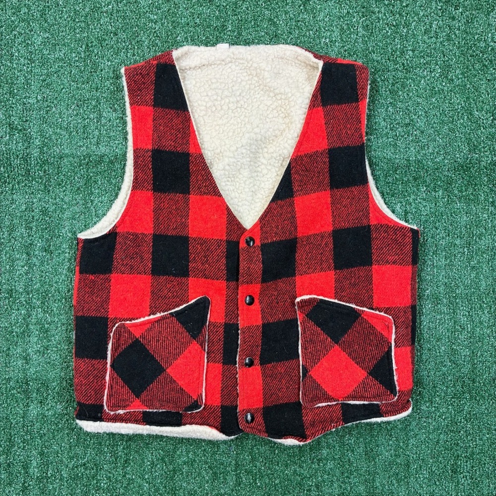 Vintage 1970s Shane Weatherguard Buffalo Plaid Sherpa Lined Vest